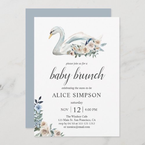 Boho Swan Dusty Blue Beige Flowers Baby Shower Invitation