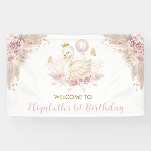 Boho Swan Princess Blush Pink Floral Welcome Party Banner