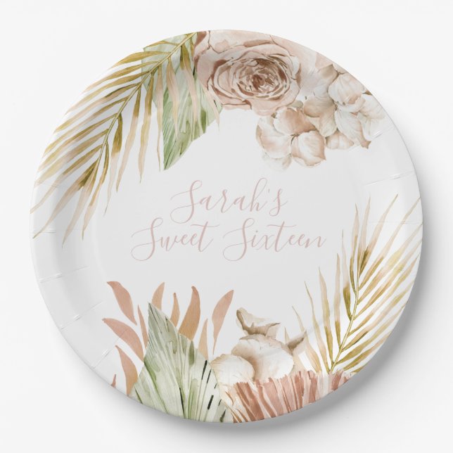 Boho Sweet 16 Birthday Dried Flowers Paper Plates (Front)