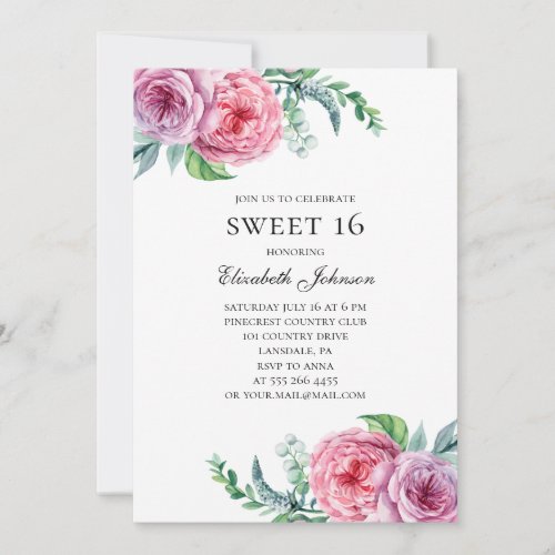 Boho Sweet 16 Garden pink floral 16th birthday Invitation