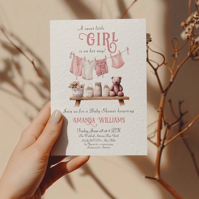 Boho Sweet Girl Pink Clothesline Baby Shower Invitation (Creator Uploaded)