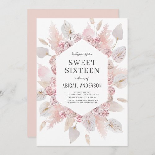 Boho Sweet Sixteen Modern Pink Floral Invitation