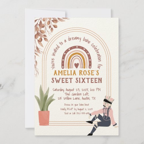 Boho Sweet Sixteen with Rainbow &amp; Rustic Floral  Invitation
