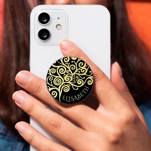  Boho Swirl Elegant Tree of Life Black  Gold Name PopSocket