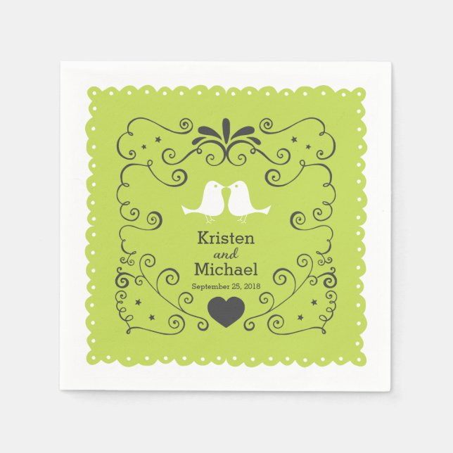 Boho Swirls, Curls, a Banner & Lovebirds Wedding Napkins (Front)