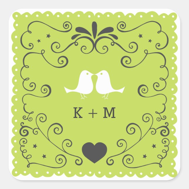 Boho Swirls, Curls, a Banner & Lovebirds Wedding Square Sticker (Front)