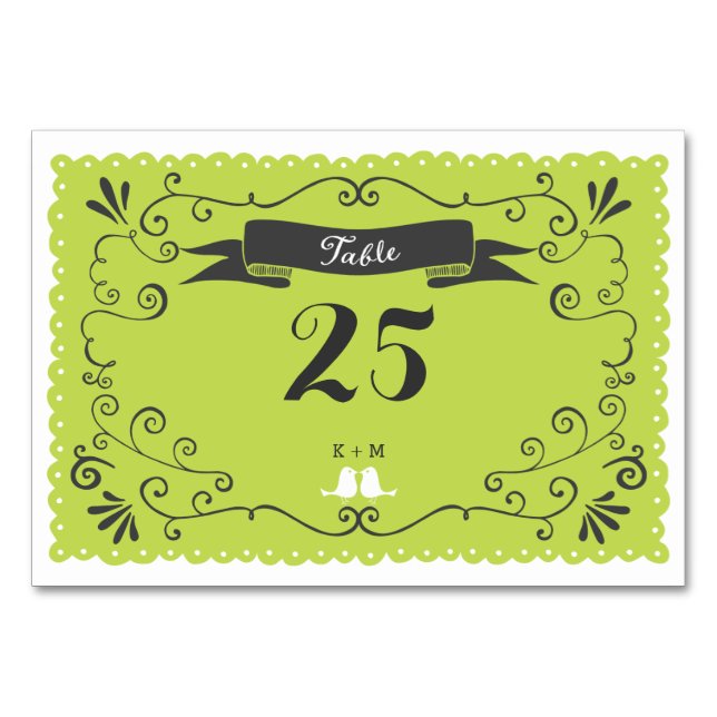 Boho Swirls, Curls, a Banner & Lovebirds Wedding Table Number (Front)