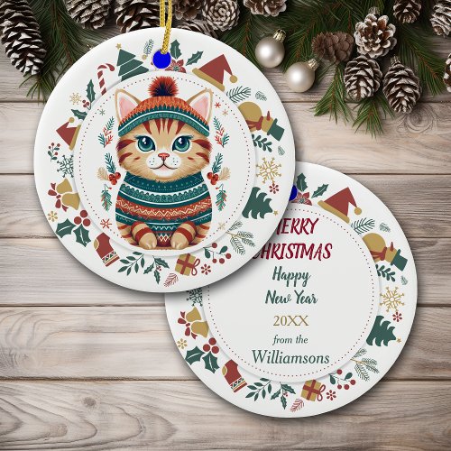Boho Tabby Cat in Winter Sweater Christmas Ceramic Ornament
