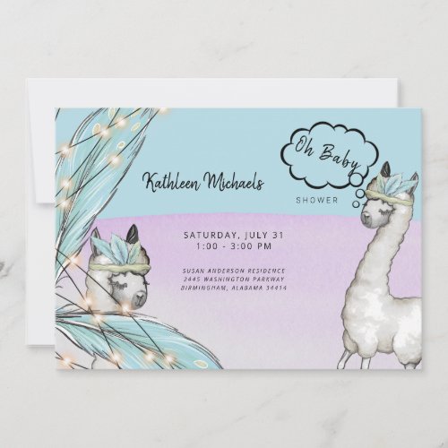  Boho Talking Llama Pink Turquoise Oh Baby Shower Invitation