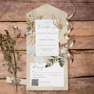 Boho Tan Floral Grass QR Code All In One Invitation