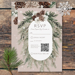 Boho Tan Pine Winter Sparkle QR Code RSVP Card