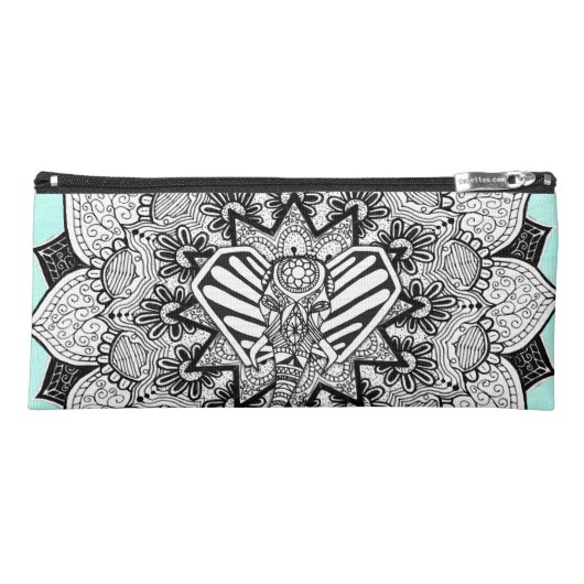 Boho Tangle Elephant and Hand Drawn Mandala Pencil Case (Front)