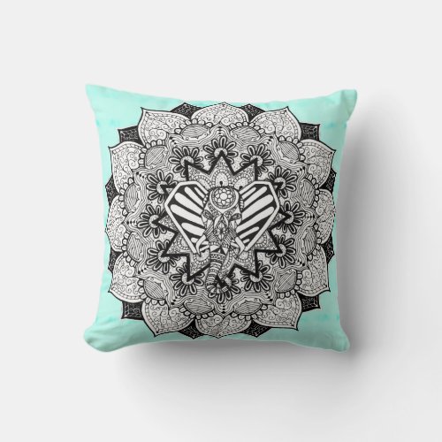 Boho Tangle Elephant and Hand Drawn Mandala Throw Pillow