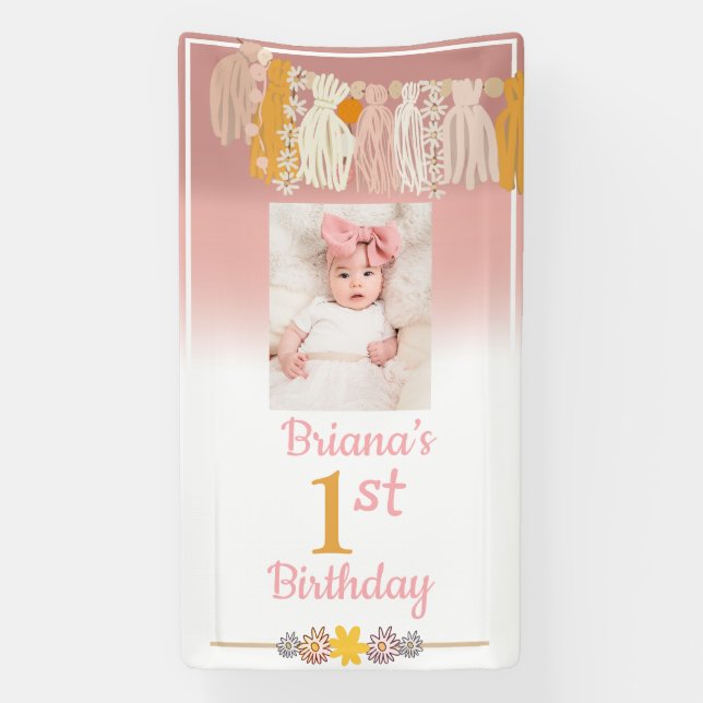 Boho Tassel Custom Photo Girls 1st Birthday  Banner (Vertical)