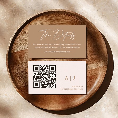 Boho Taupe Details QR Code Wedding Website Enclosure Card