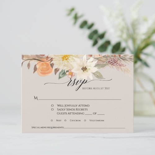 BOHO Taupe Earthy Fall Floral Pampas Grass Wedding RSVP Card