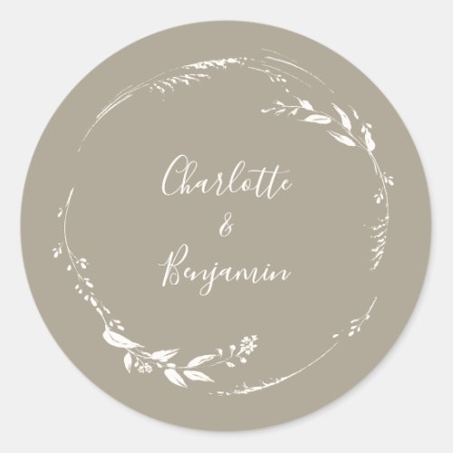 Boho Taupe Floral Wreath Calligraphy Personalized  Classic Round Sticker