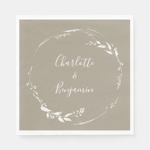 Boho Taupe Floral Wreath Calligraphy Personalized Napkins