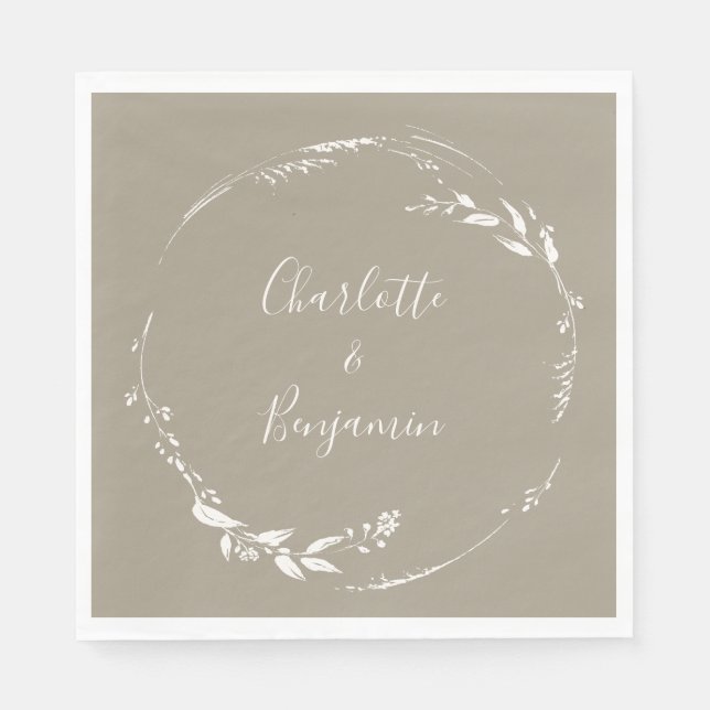 Boho Taupe Floral Wreath Calligraphy Personalized Napkins (Front)