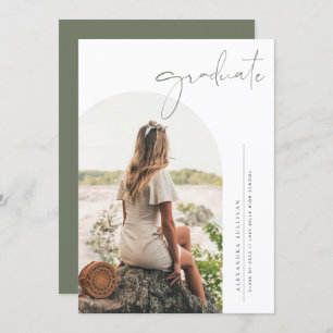 Boho Taupe Green Minimalist Arch Photo Graduation Invitation