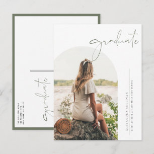 Boho Taupe Green Minimalist Arch Photo Graduation Invitation Postcard