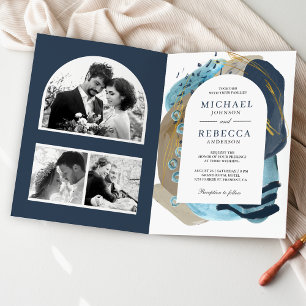 Boho Taupe Navy Blue Brush Strokes QR Code Wedding Invitation