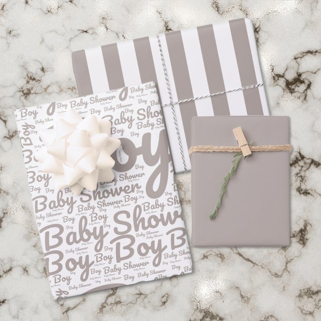 Boho Taupe Script Typography Boy Baby Shower  Wrapping Paper Sheets (Creator Uploaded)