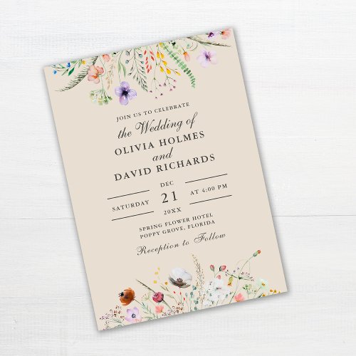 Boho Taupe Wildflower Meadow Wedding Invitation