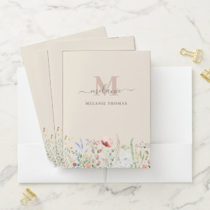 Boho Taupe Wildflowers Custom Name Monogram Pocket Folder