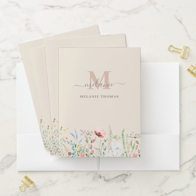 Boho Taupe Wildflowers Custom Name Monogram Pocket Folder (In Situ)