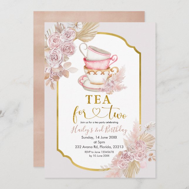 Boho Tea for Two Second Birthday Invitation (Front/Back)