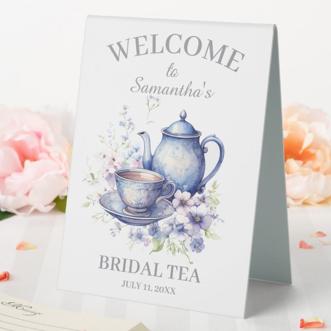 Boho Tea Pot Floral Blue Bridal Shower Tea Party Table Tent (In SItu (Wedding))