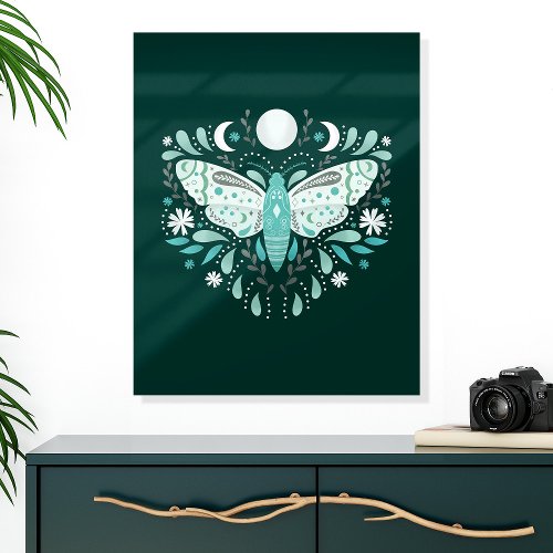 Boho Teal Abstract Moth Wall Art Acrylic Photo Tile