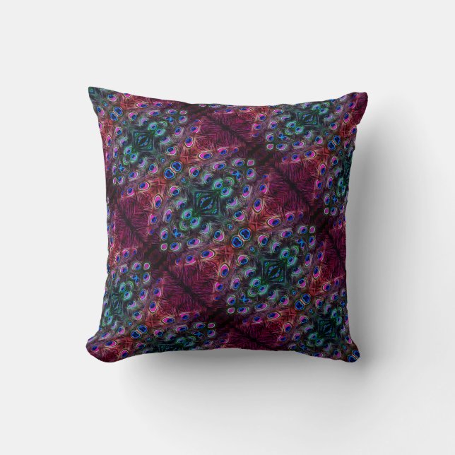 Boho Teal and Burgundy Peacock Kaleidoscope Throw Pillow (Front)