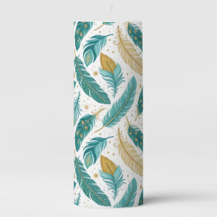 Boho Teal and Gold Feathers Pillar Candle