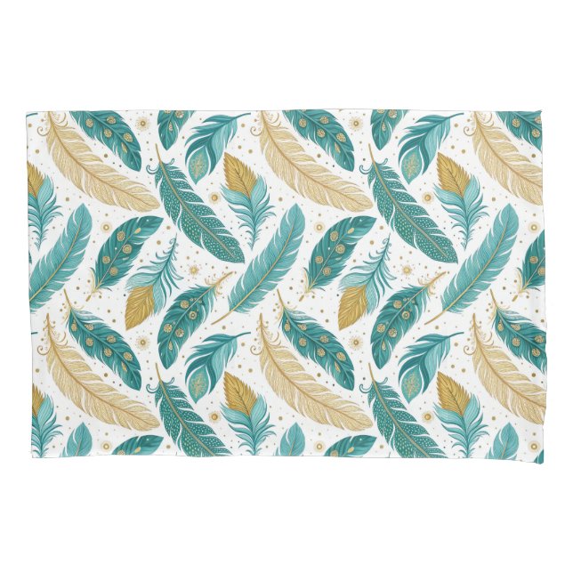Boho Teal and Gold Feathers Pillow Case (Front-Left)