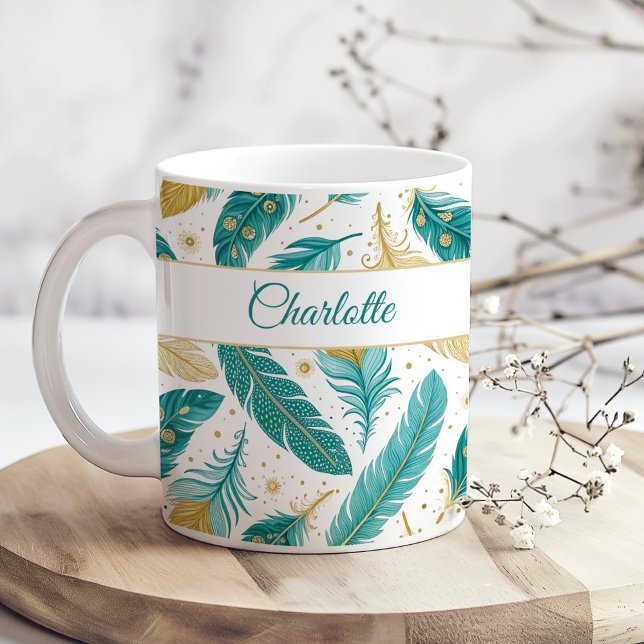 Boho Teal and Gold Feathers Script Name Coffee Mug (Boho Teal and Gold Feathers Script Name Coffee Mugon a boho kitchen table with tiny white flowers)
