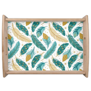 Boho Teal and Gold Feathers Serving Tray