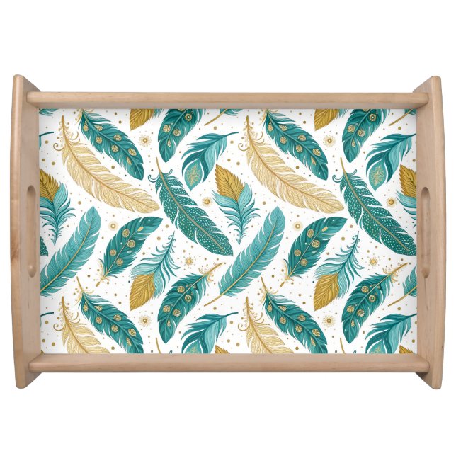 Boho Teal and Gold Feathers Serving Tray (Front)