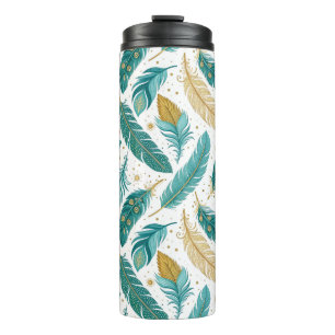 Boho Teal and Gold Feathers Thermal Tumbler