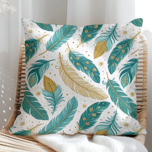 Boho Teal and Gold Feathers Throw Pillow
