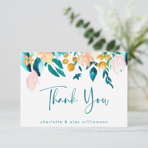 Boho Teal and Gold Watercolor Floral Custom Flat Thank You Card