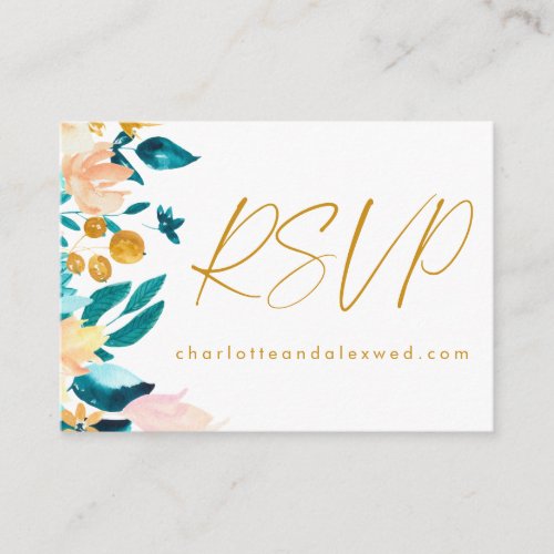 Boho Teal and Gold Watercolor Flower Wedding RSVP Enclosure Card