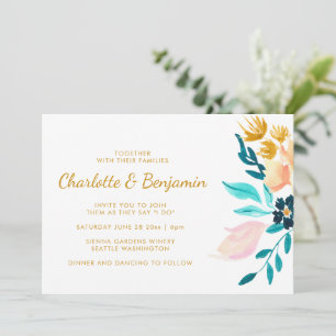 Boho Teal and Gold Watercolor Flowers Wedding Invitation