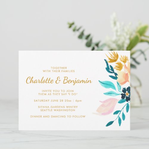 Boho Teal and Gold Watercolor Flowers Wedding  Invitation