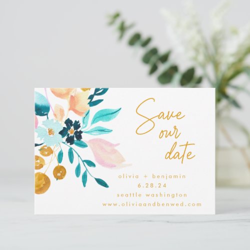 Boho Teal and Gold Watercolor Flowers Wedding Save The Date
