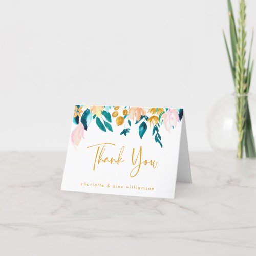 Boho Teal and Gold Watercolor Flowers Wedding Thank You Card - Boho Teal Blue and Gold Watercolor Floral Wedding Thank You Card