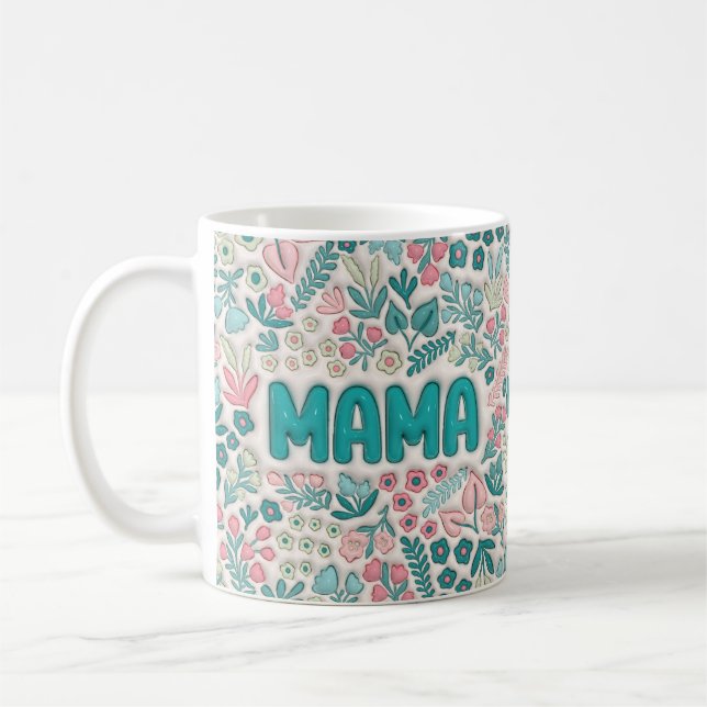 Boho Teal and Pink Floral Pattern Mama Coffee Mug (Left)