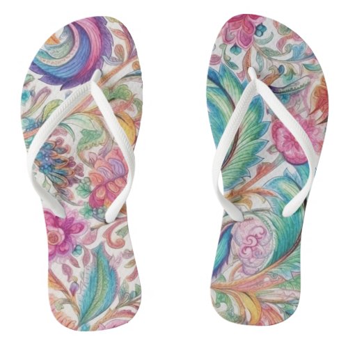 Boho Teal and Pink Tendrill Flip Flops