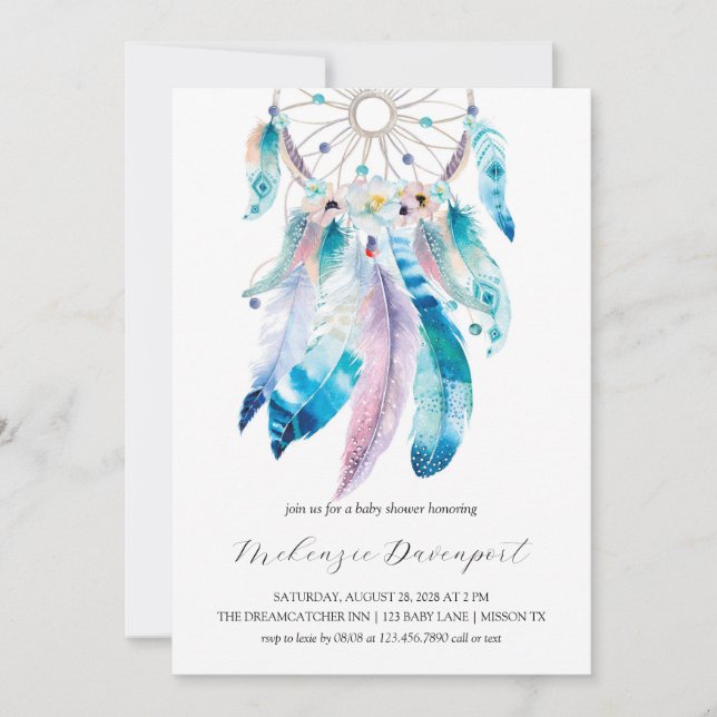 Boho Teal and Purple Dreamcatcher Baby Shower Invitation (Front)